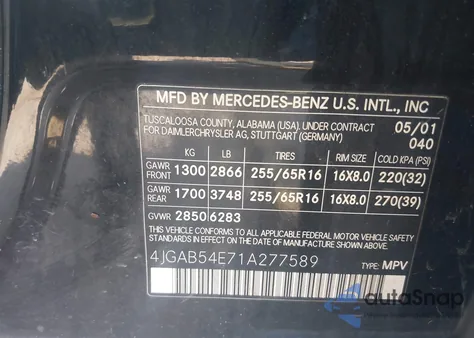2001 Mercedes-Benz Ml 320 из США, поврежденный, VIN 4JGAB54E71A277589